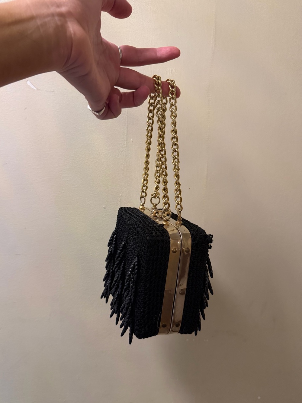 Vintage Made in Italy Black Fringe Mini Bag Gold Chain Evening Purse